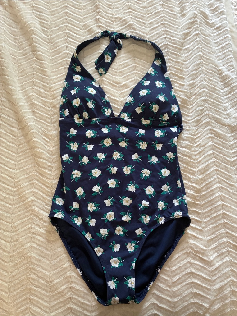 Lands' End Navy Floral Halter One-Piece Swimsuit
